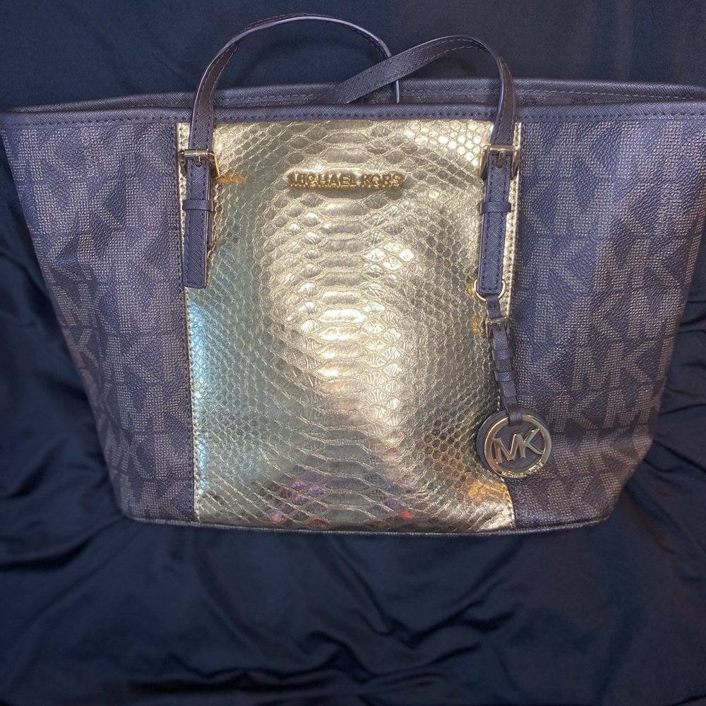 Michael Kors Brown Gold Stripe Large Fabric Tote Handbag 35t7gijt3e